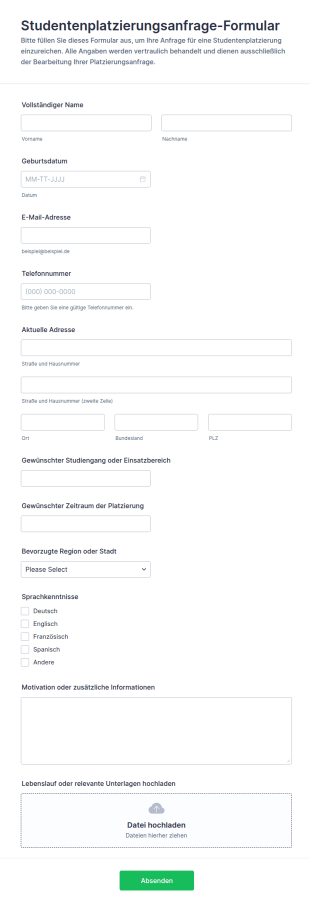 Schülerplatzierungsanfrage Formular