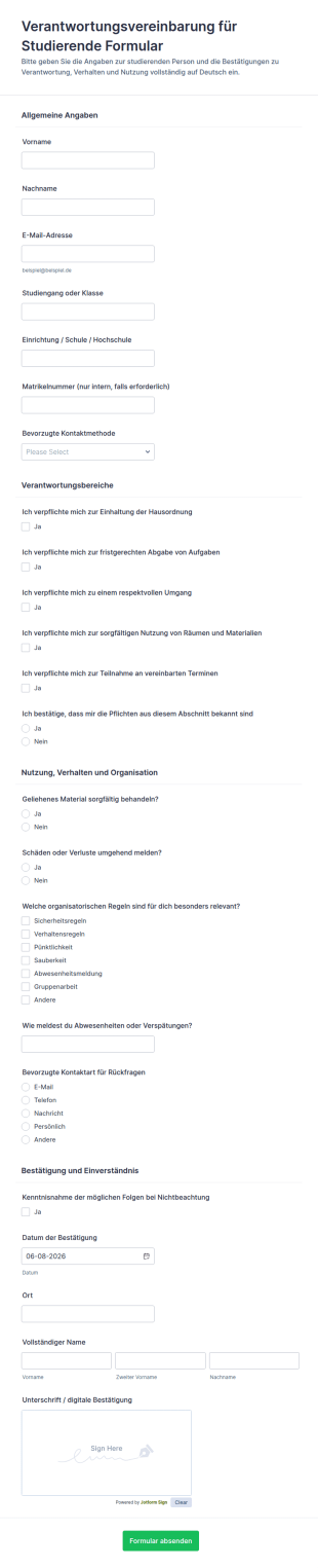 Schülerverantwortungsvereinbarung Formular