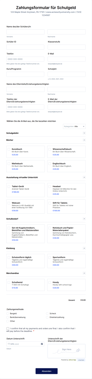 Schulgeld Zahlungsformular Form Template
