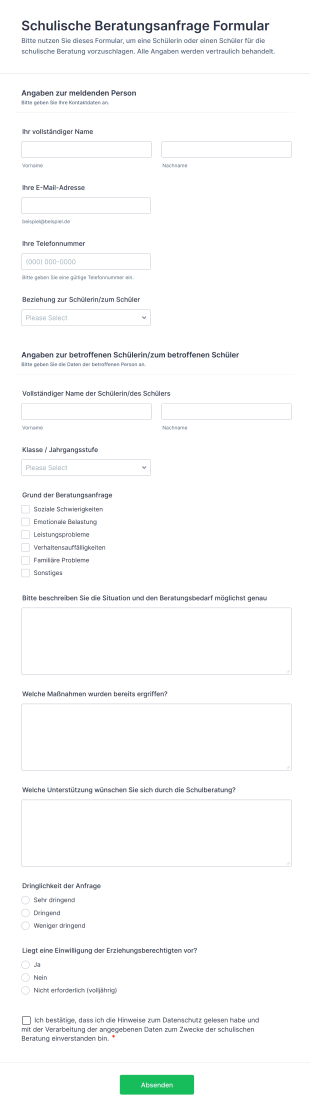 Schulische Beratungsanfrage Formular