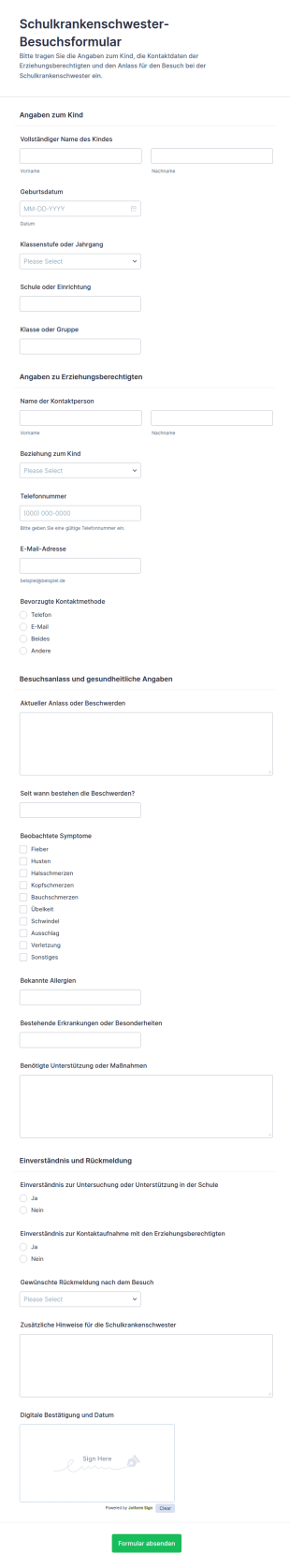 Schulkrankenschwester Besuch Formular