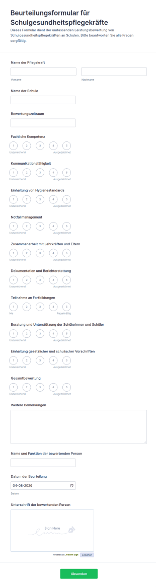 Schulkrankenschwester Leistungsbeurteilungsbogen