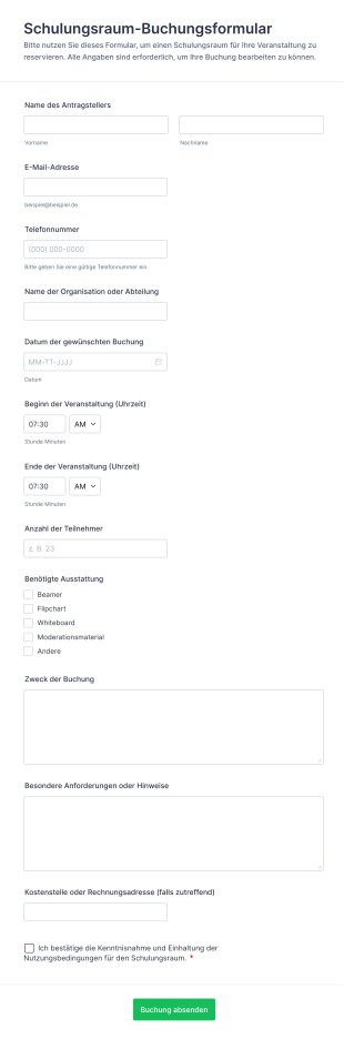 Schulungsraum Buchungsformular