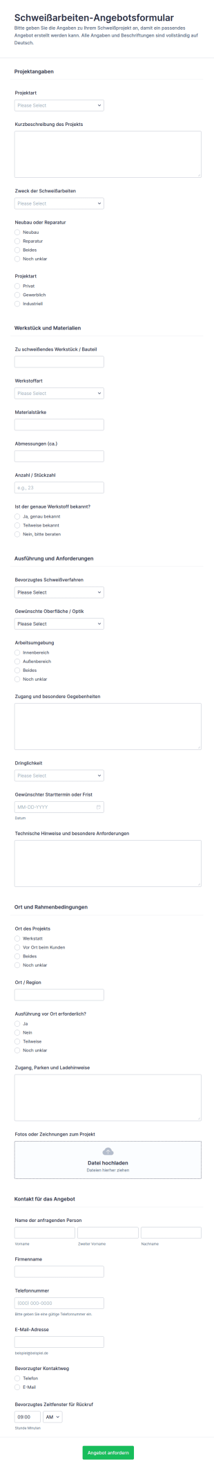 Schweißarbeiten Kostenvoranschlag Formular