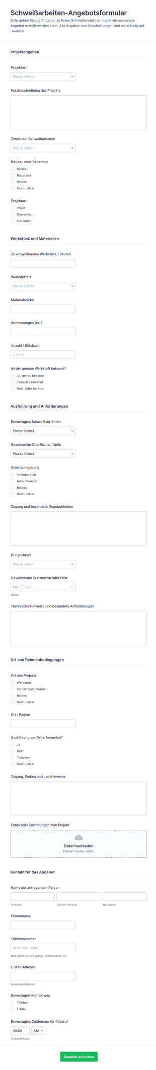 Schweißarbeiten Kostenvoranschlag Formular