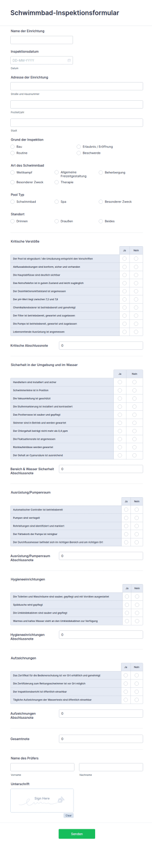 Schwimmbad Inspektionsformular