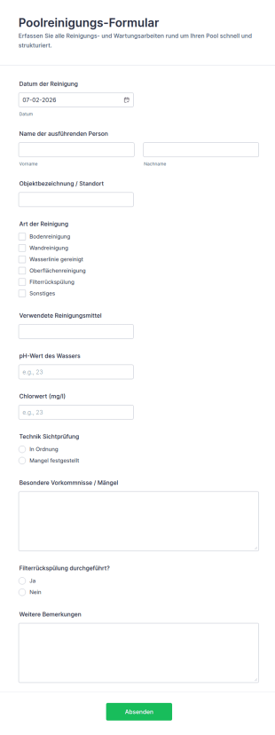 Schwimmbad Reinigungsprotokoll