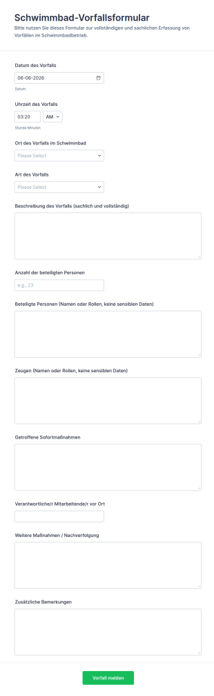 Schwimmbadvorfallbericht Formular