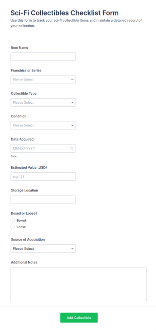 Sci Fi Collectibles Checklist Form Template