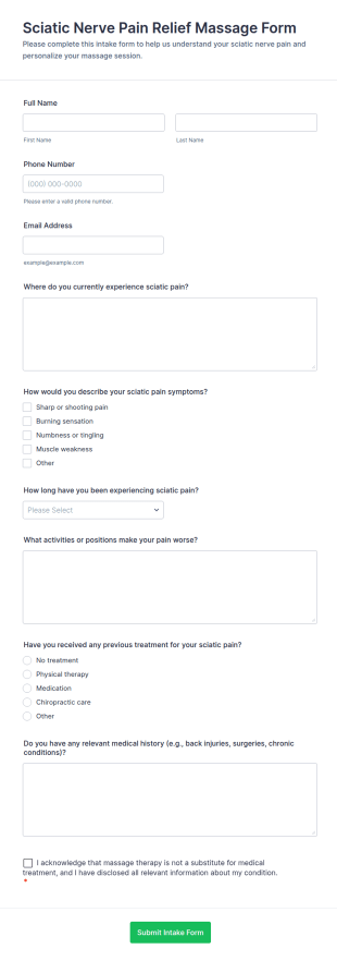 Sciatic Nerve Pain Relief Massage Intake Form Template