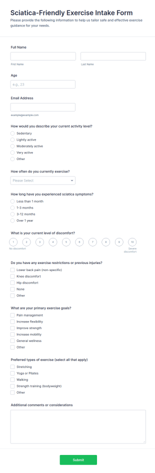Sciatica Friendly Exercise Intake Form Template