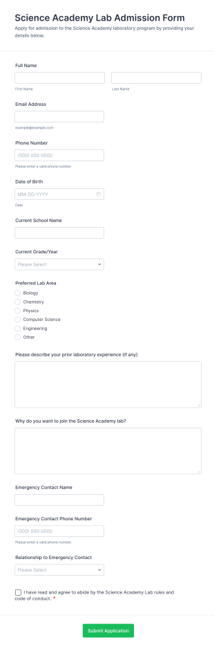 Science Academy Lab Admission Form Template