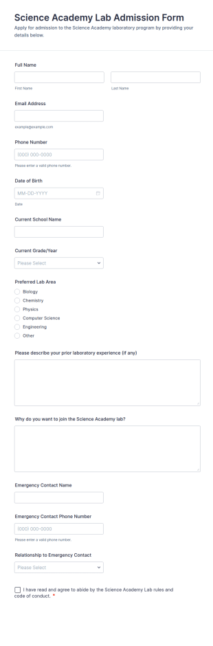 Science Academy Lab Admission Form Template