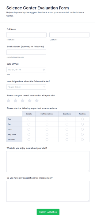 Science Center Evaluation Form Template