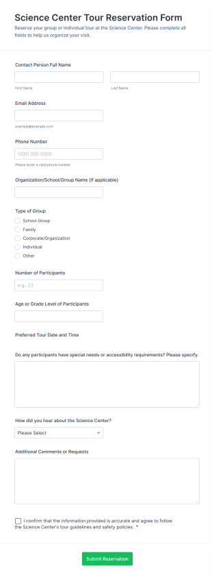 Science Center Tour Reservation Form Template