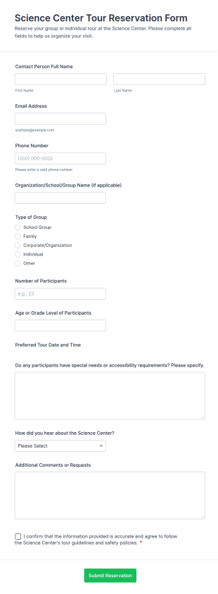 Science Center Tour Reservation Form Template