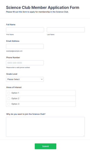 Science Club Member Application Form Template