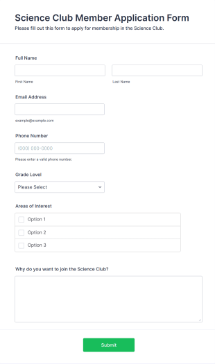 Science Club Member Application Form Form Template