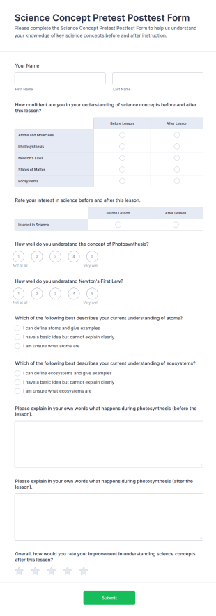 Science Concept Pretest Posttest Form Template