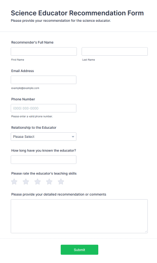 Science Educator Recommendation Form Template