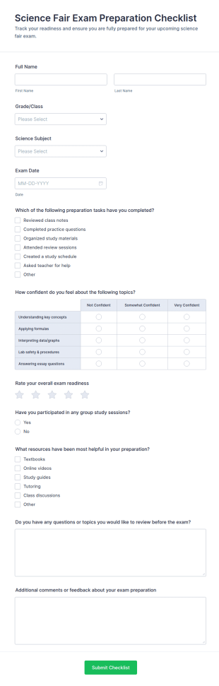Science Fair Exam Preparation Checklist Form Template