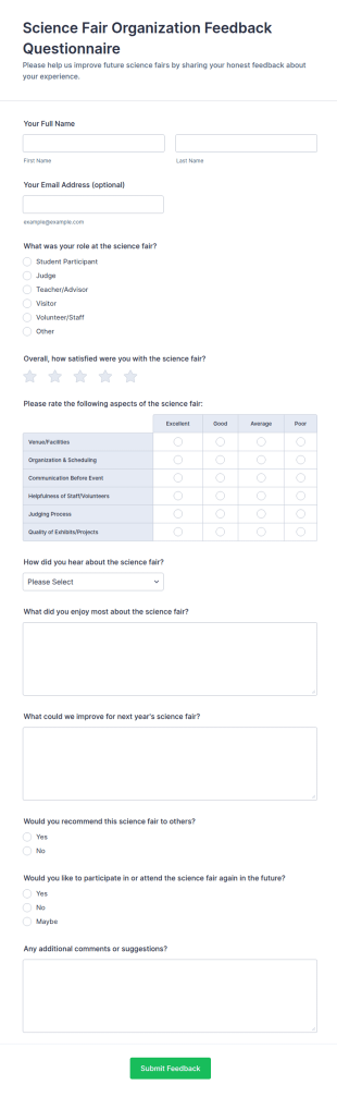 Science Fair Organization Feedback Questionnaire Form Template