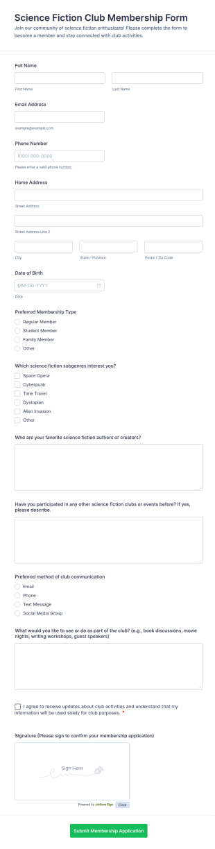 Science Fiction Club Membership Form Template