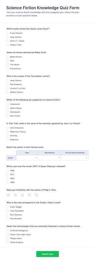 Science Fiction Knowledge Quiz Form Template
