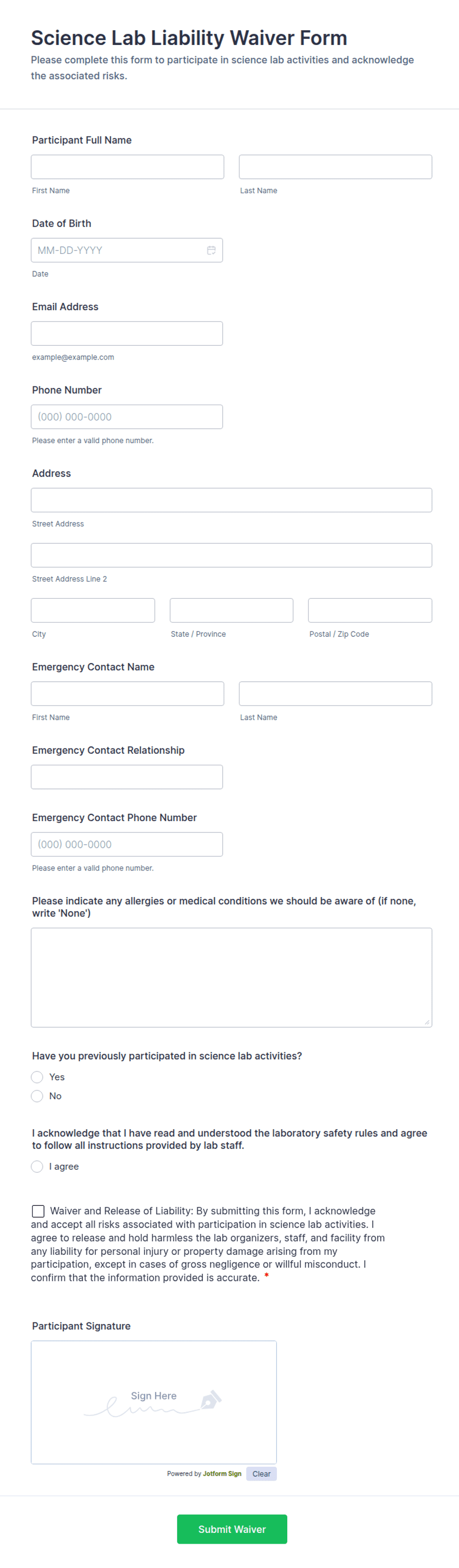 Science Lab Liability Waiver Form Template | Jotform
