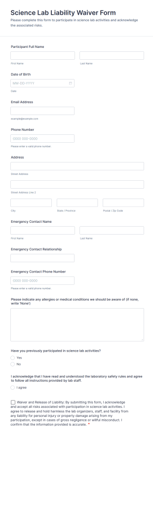 Science Lab Liability Waiver Form Template