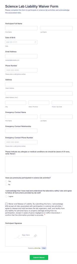 Science Lab Liability Waiver Form Template
