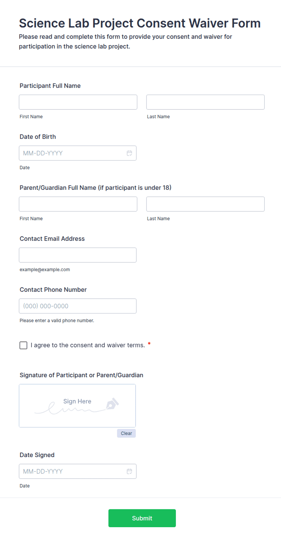 Science Shot Form Science Lab Project Consent Waiver Form Template | Jotform