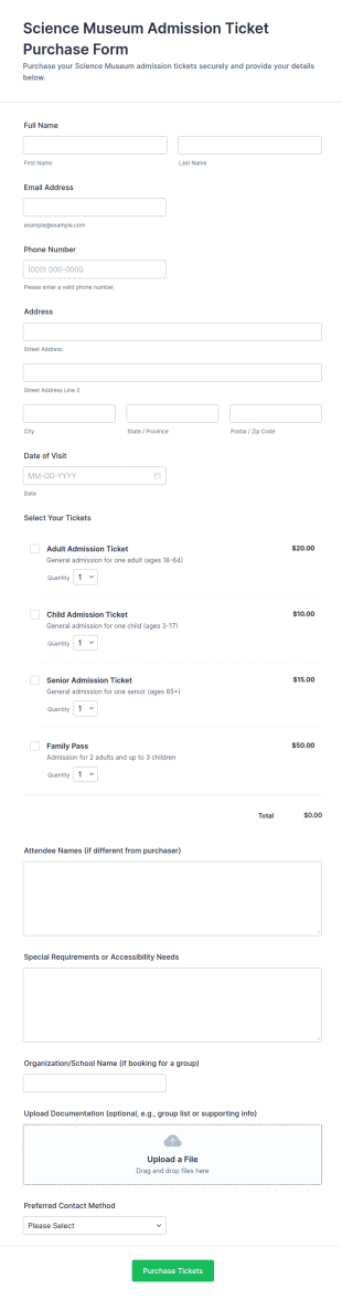 Science Museum Admission Ticket Purchase Form Template