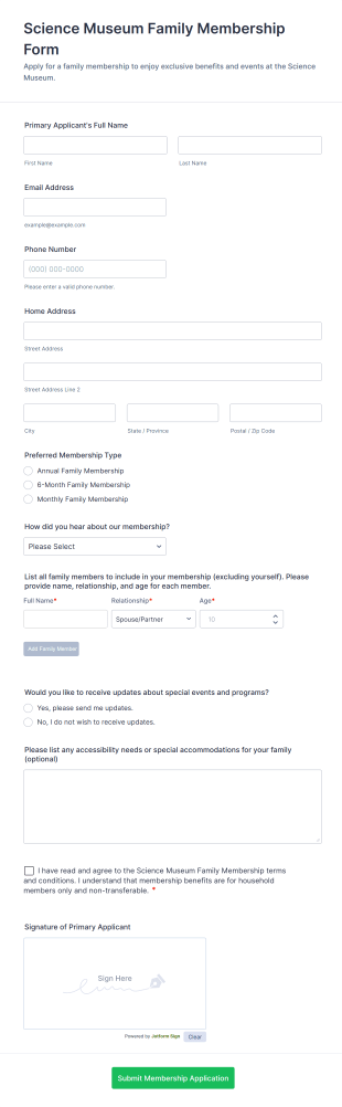 Science Museum Family Membership Form Template