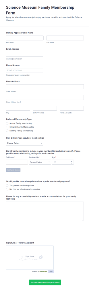 Science Museum Family Membership Form Template