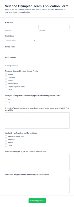 Science Olympiad Team Application Form Template