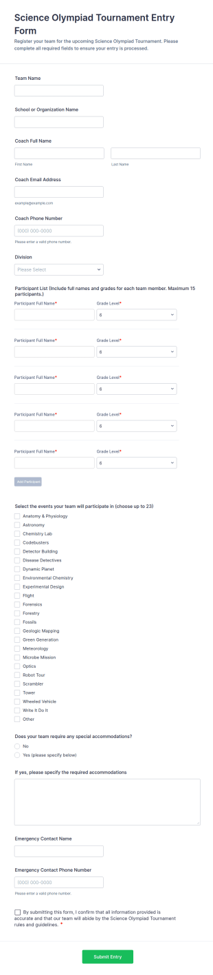 Science Olympiad Tournament Entry Form Template