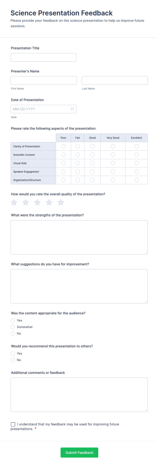 Science Presentation Feedback Form Template