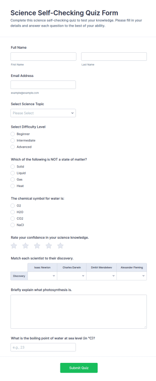 Science Self Checking Quiz Form Template