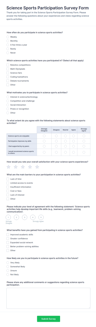 Science Sports Participation Survey Form Template