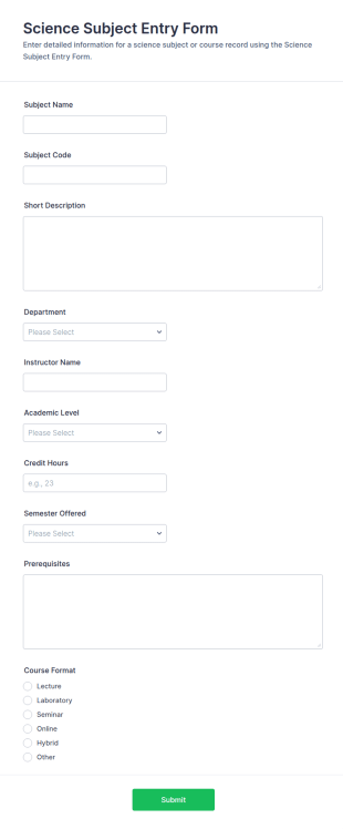 Science Subject Entry Form Template