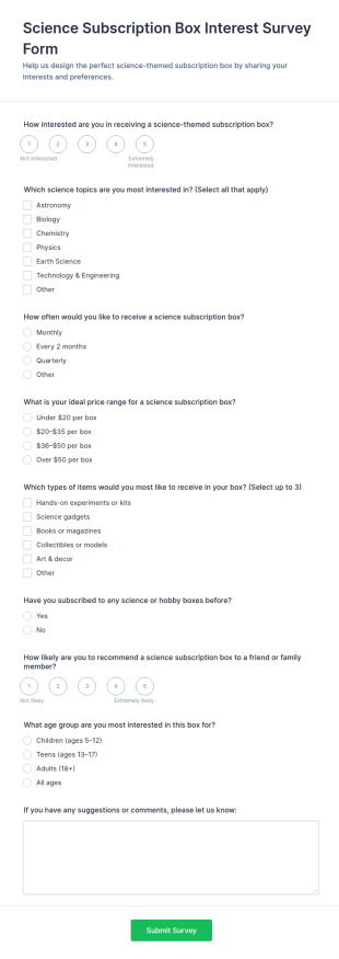 Science Subscription Box Interest Survey Form Template