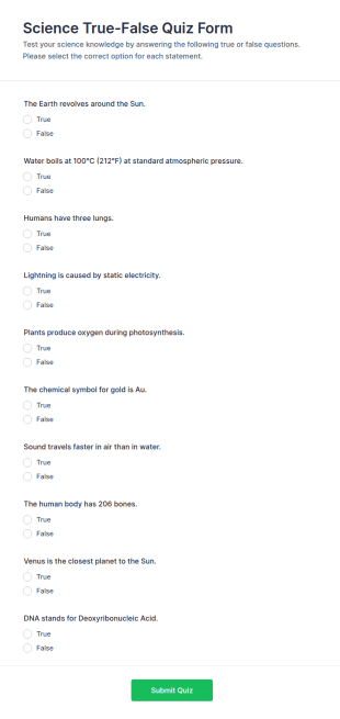 Science True False Quiz Form Template
