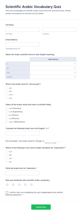 Scientific Arabic Vocabulary Quiz Form Template