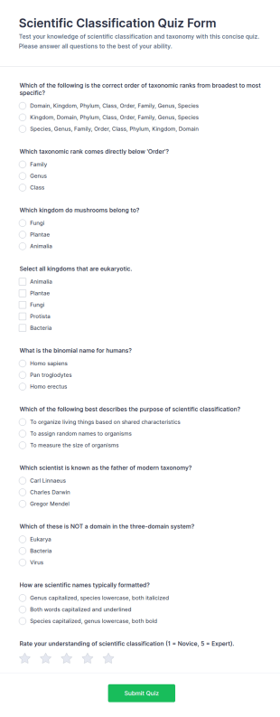Scientific Classification Quiz Form Template