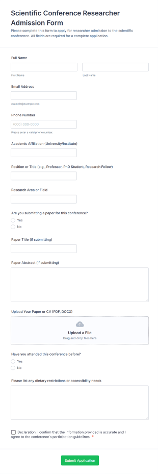 Scientific Conference Researcher Admission Form Template