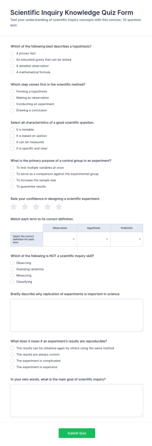 Scientific Inquiry Knowledge Quiz Form Template