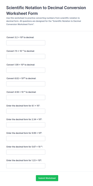 Scientific Notation To Decimal Conversion Worksheet Form Template