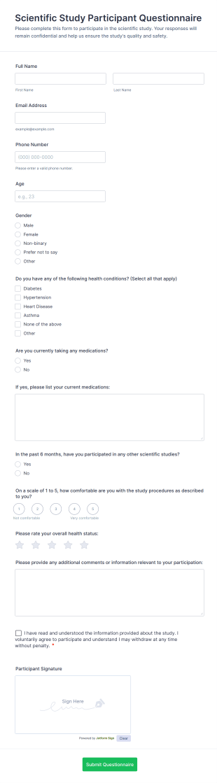 Scientific Study Participant Questionnaire Form Template
