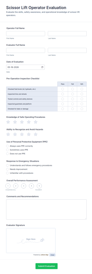 Scissor Lift Operator Evaluation Form Template
